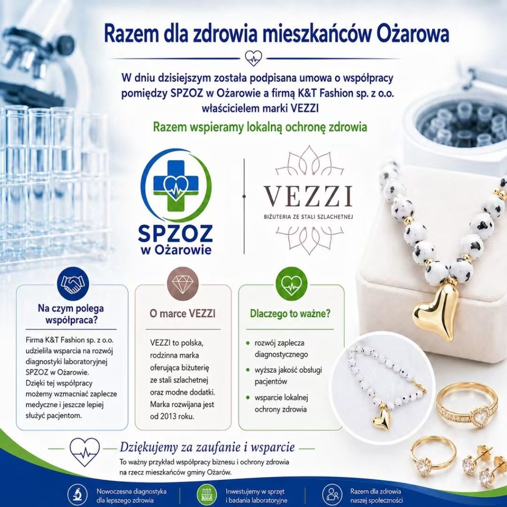 Plakat o współpracy SPZOZ w Ożarowie z K&T Fashion / VEZZI. Wersja tekstowa poniżej.