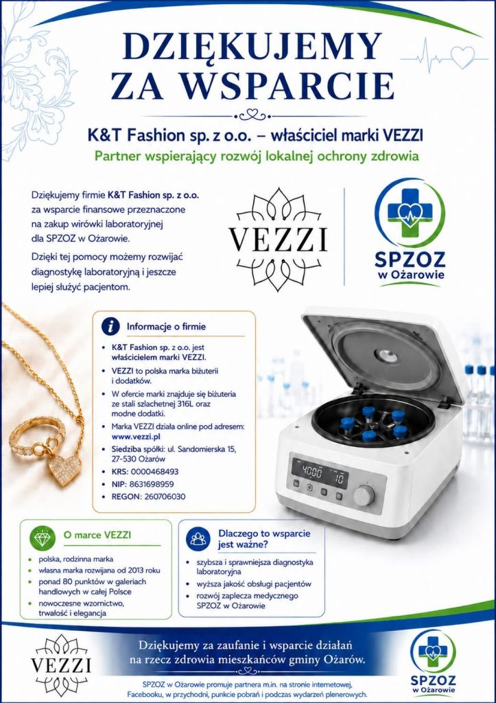 Plakat z podziękowaniem K&T Fashion / VEZZI za wsparcie zakupu wirówki laboratoryjnej. Wersja tekstowa poniżej.